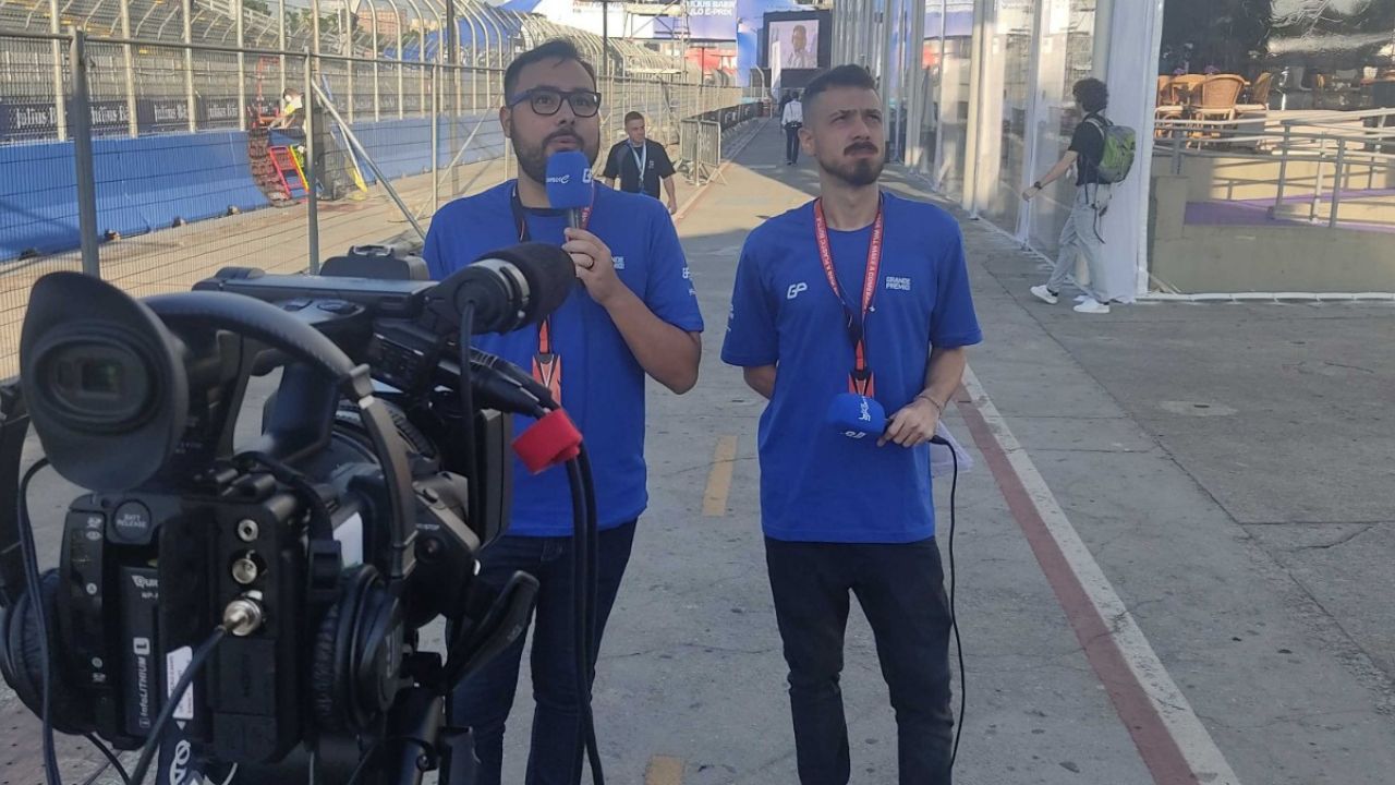 Pedro Henrique Marum e João Pedro Nascimento, comentaristas das etapas da Fórmula E . Foto Rodrigo Berton. Grande Prêmio